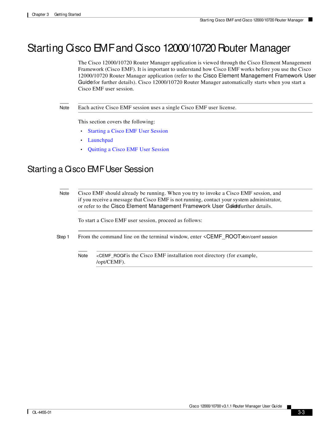 Cisco Systems 12000/10700 V3.1.1 manual Starting Cisco EMF and Cisco 12000/10720 Router Manager 