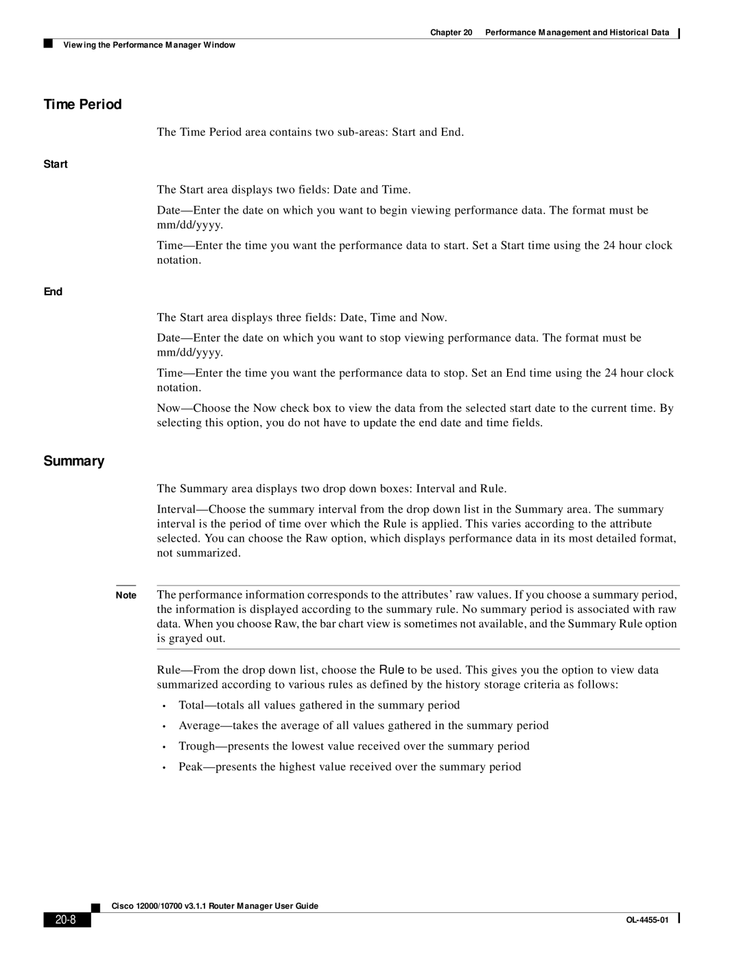 Cisco Systems 12000/10700 V3.1.1 manual Time Period, Summary, Start, End, 20-8 