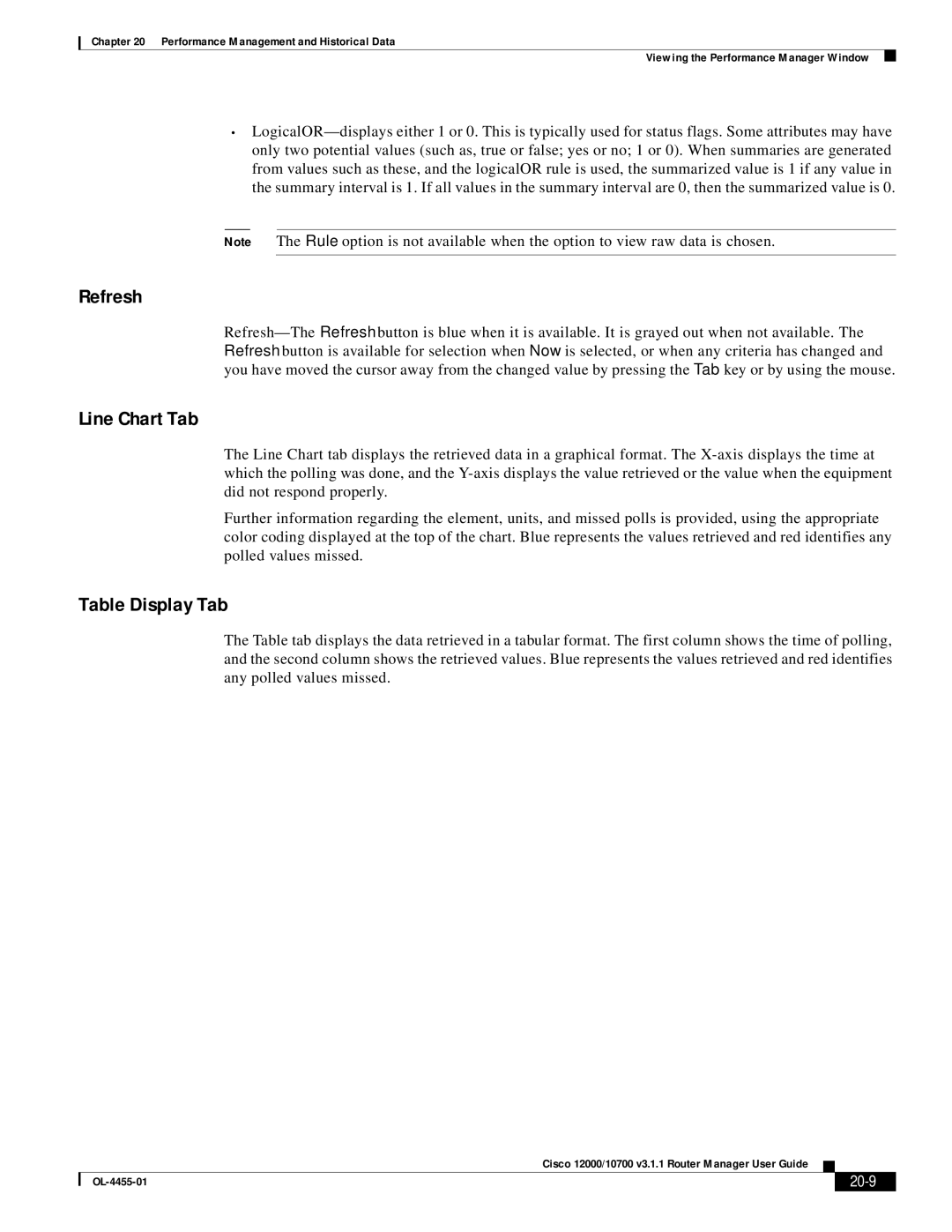 Cisco Systems 12000/10700 V3.1.1 manual Refresh, Line Chart Tab, Table Display Tab, 20-9 