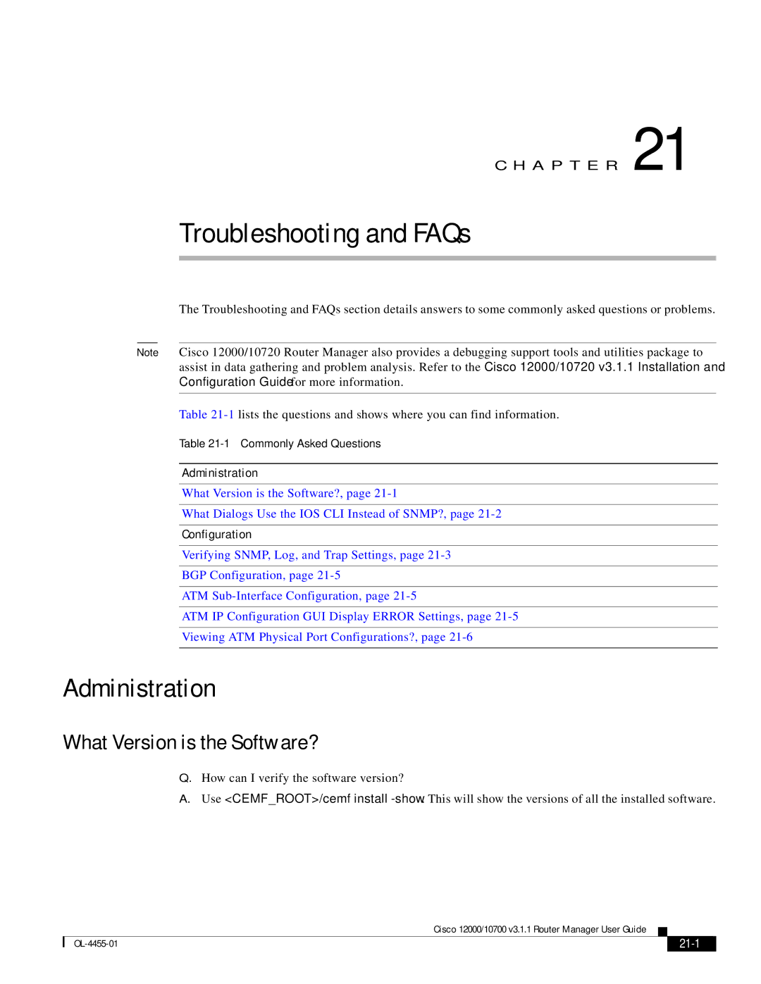 Cisco Systems 12000/10700 V3.1.1 manual Administration, What Version is the Software?, Configuration, 21-1 