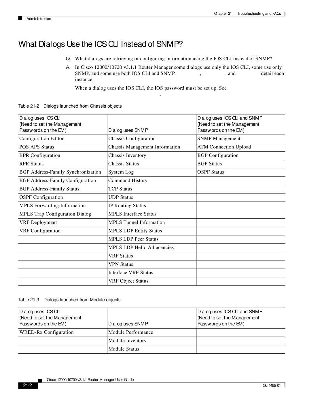 Cisco Systems 12000/10700 V3.1.1 manual What Dialogs Use the IOS CLI Instead of SNMP?, 21-2 