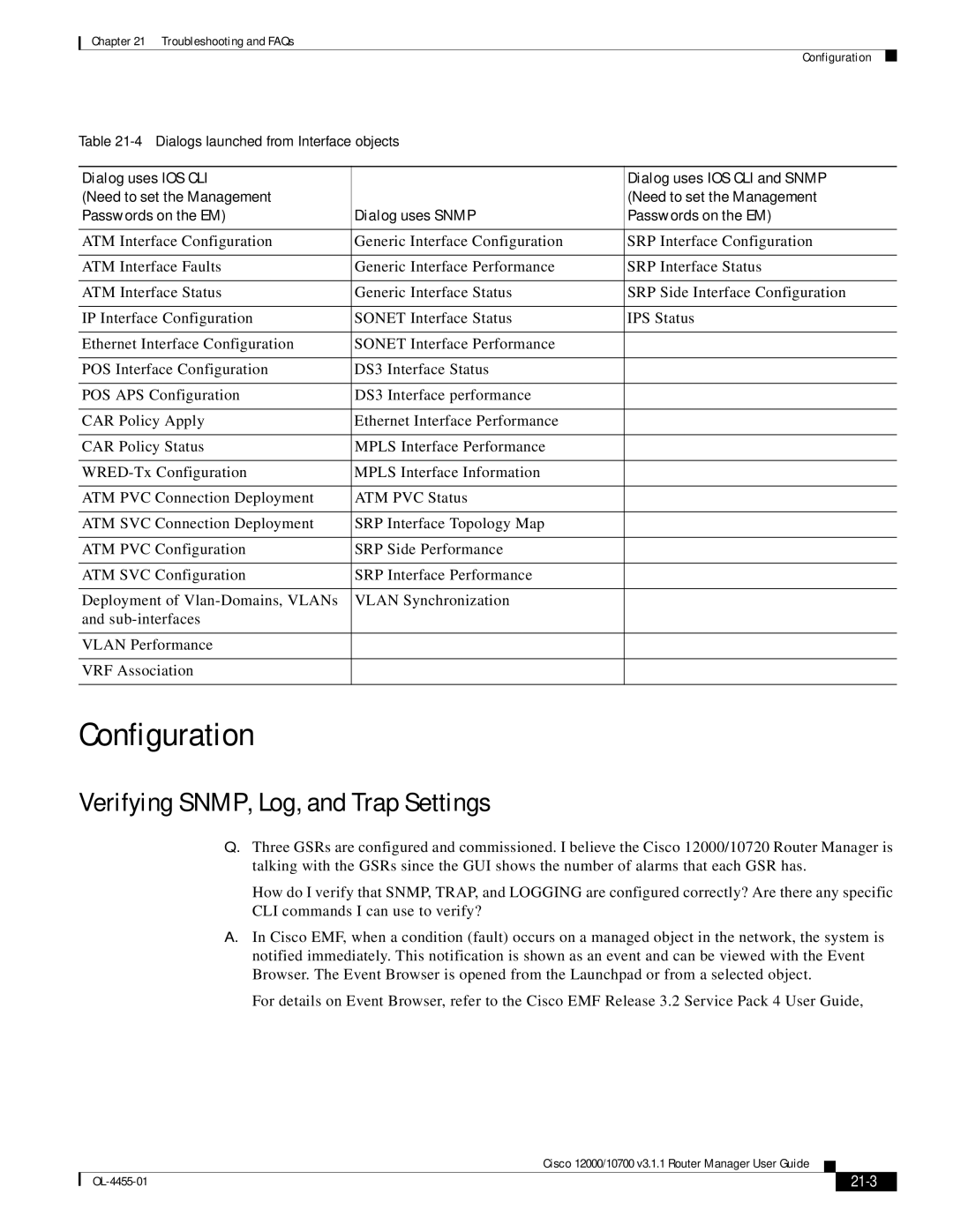 Cisco Systems 12000/10700 V3.1.1 manual Configuration, Verifying SNMP, Log, and Trap Settings, 21-3 