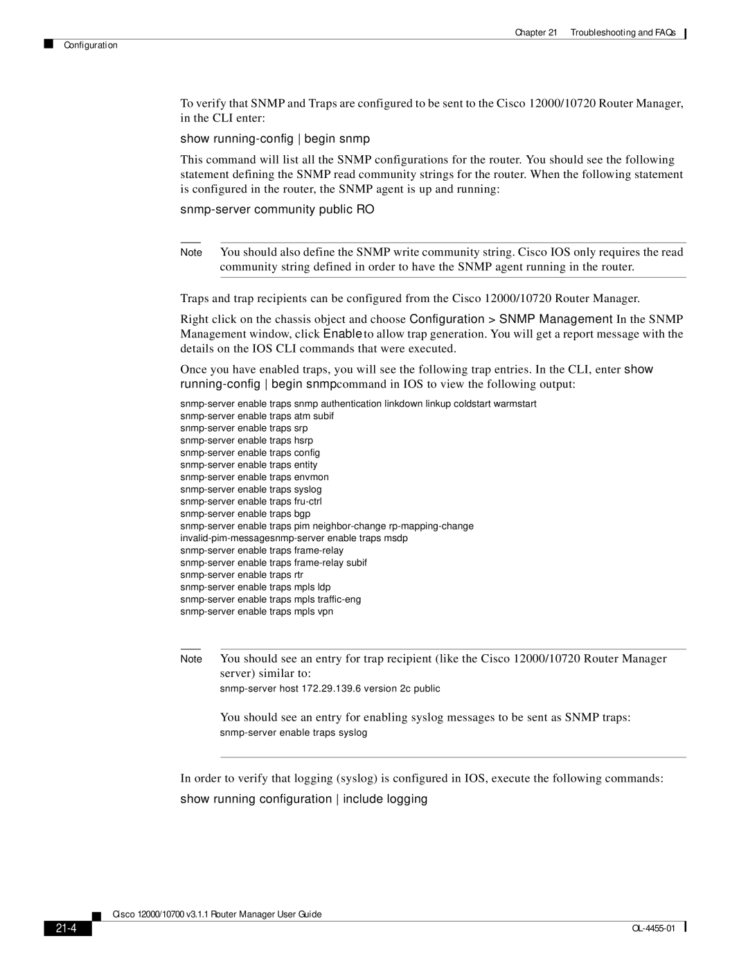 Cisco Systems 12000/10700 V3.1.1 manual Show running-config begin snmp, 21-4 