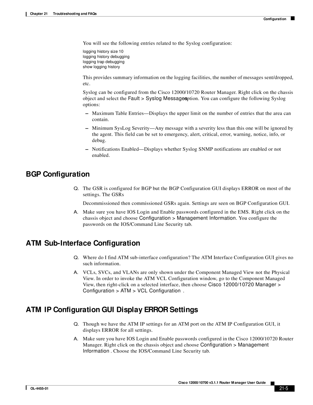 Cisco Systems 12000/10700 V3.1.1 manual BGP Configuration, ATM Sub-Interface Configuration, 21-5 