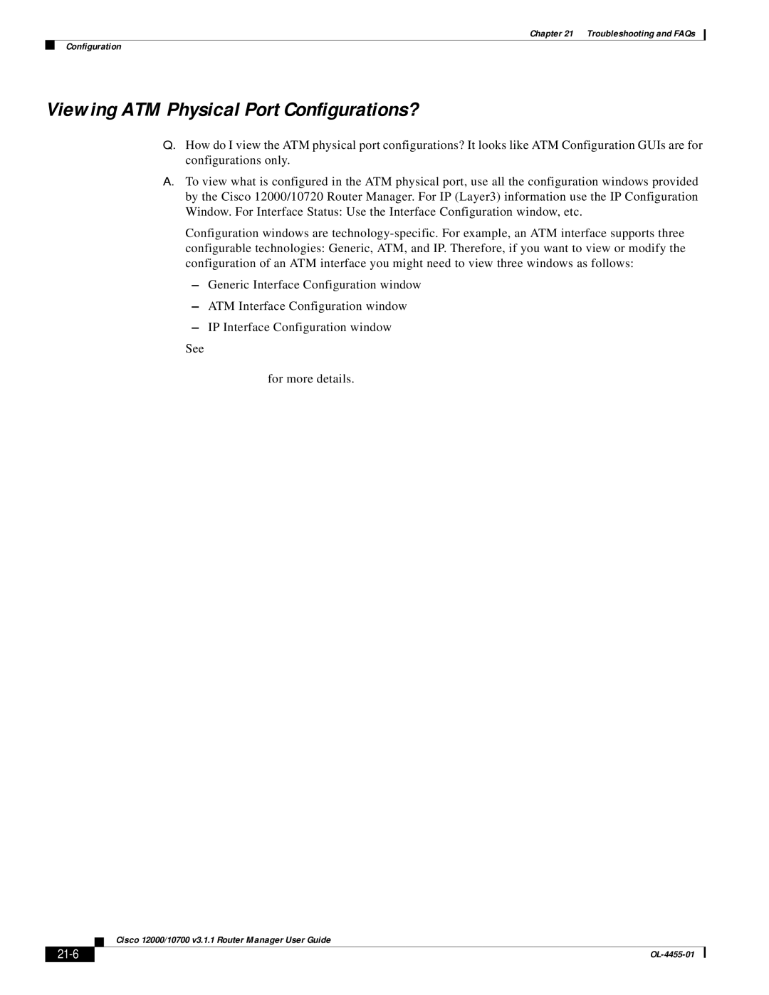 Cisco Systems 12000/10700 V3.1.1 manual Viewing ATM Physical Port Configurations?, 21-6 