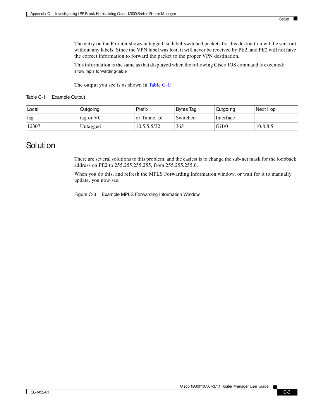 Cisco Systems 12000/10700 V3.1.1 manual Solution, Local Outgoing Prefix Bytes Tag Next Hop 