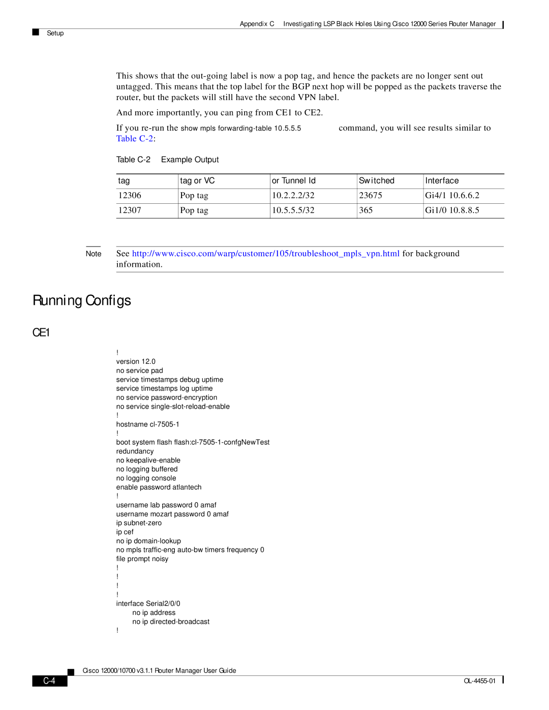 Cisco Systems 12000/10700 V3.1.1 manual Running Configs, Tag Tag or VC Or Tunnel Id Switched Interface 