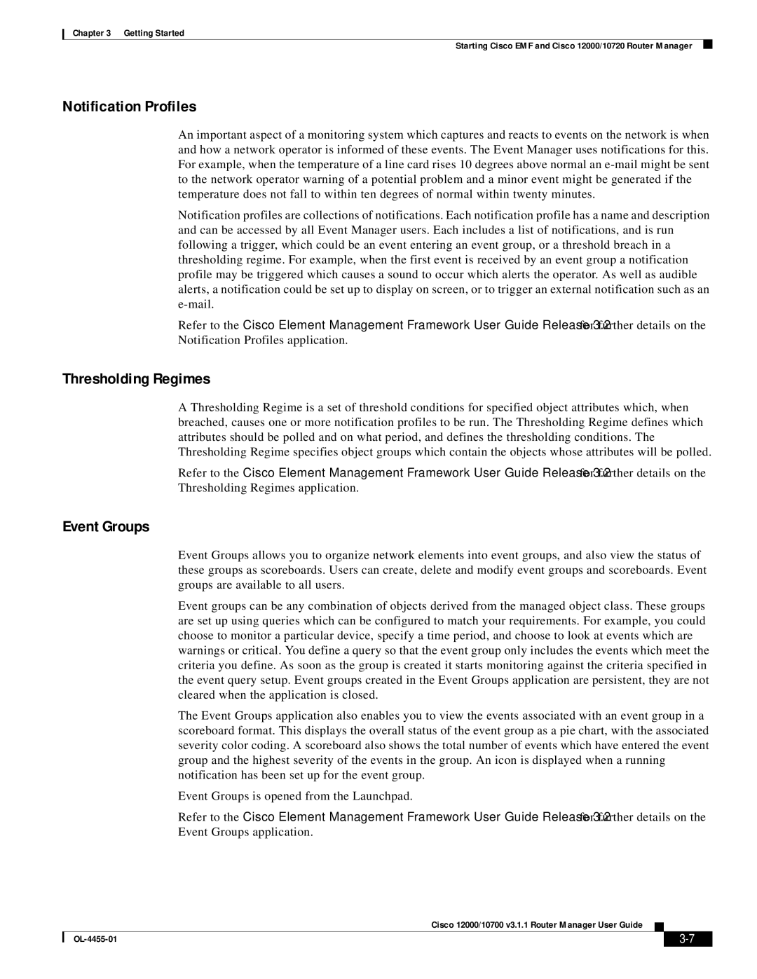 Cisco Systems 12000/10700 V3.1.1 manual Notification Profiles, Thresholding Regimes, Event Groups 