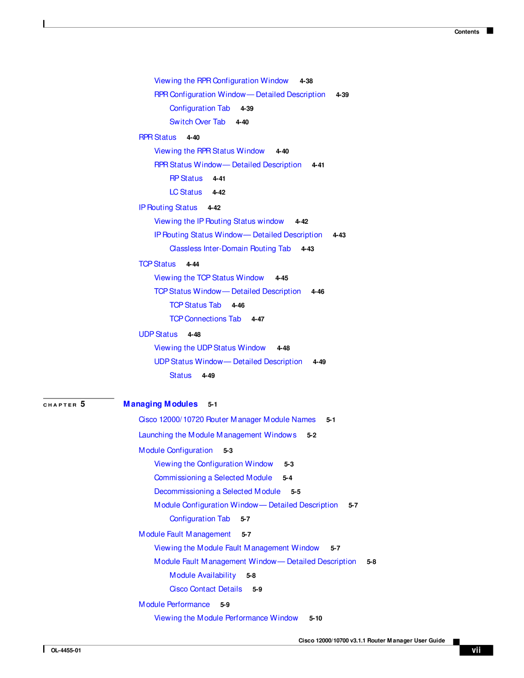 Cisco Systems 12000/10700 V3.1.1 manual RPR Status Viewing the RPR Status Window, Vii 