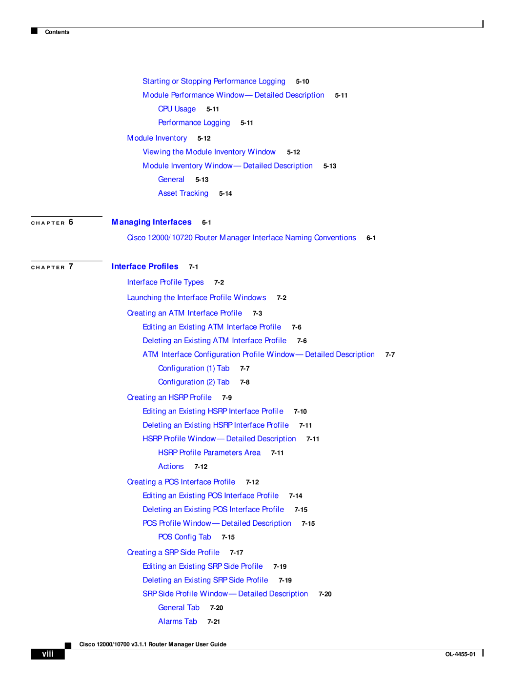 Cisco Systems 12000/10700 V3.1.1 manual Module Performance Window-Detailed Description, Viii 