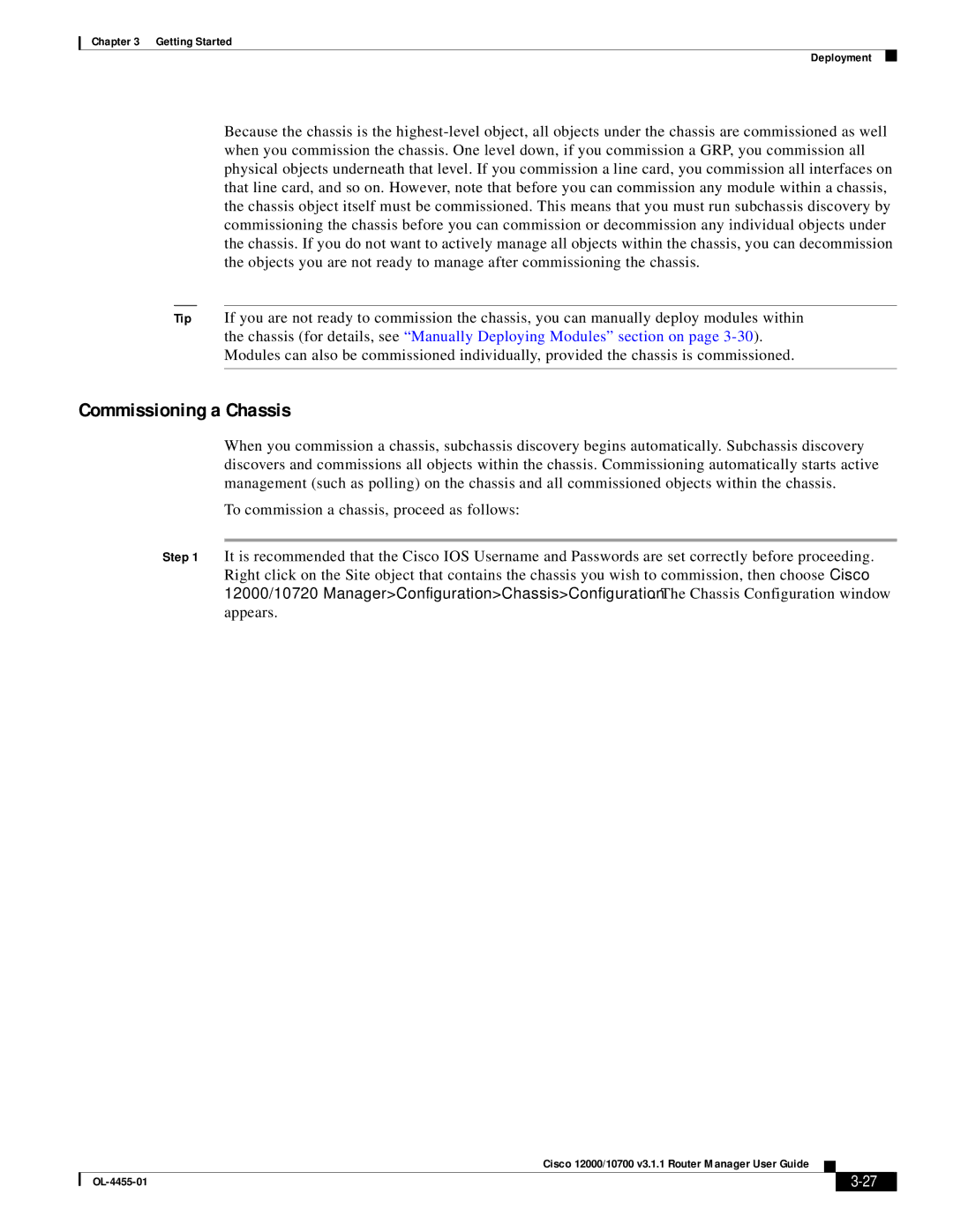 Cisco Systems 12000/10700 V3.1.1 manual Commissioning a Chassis 