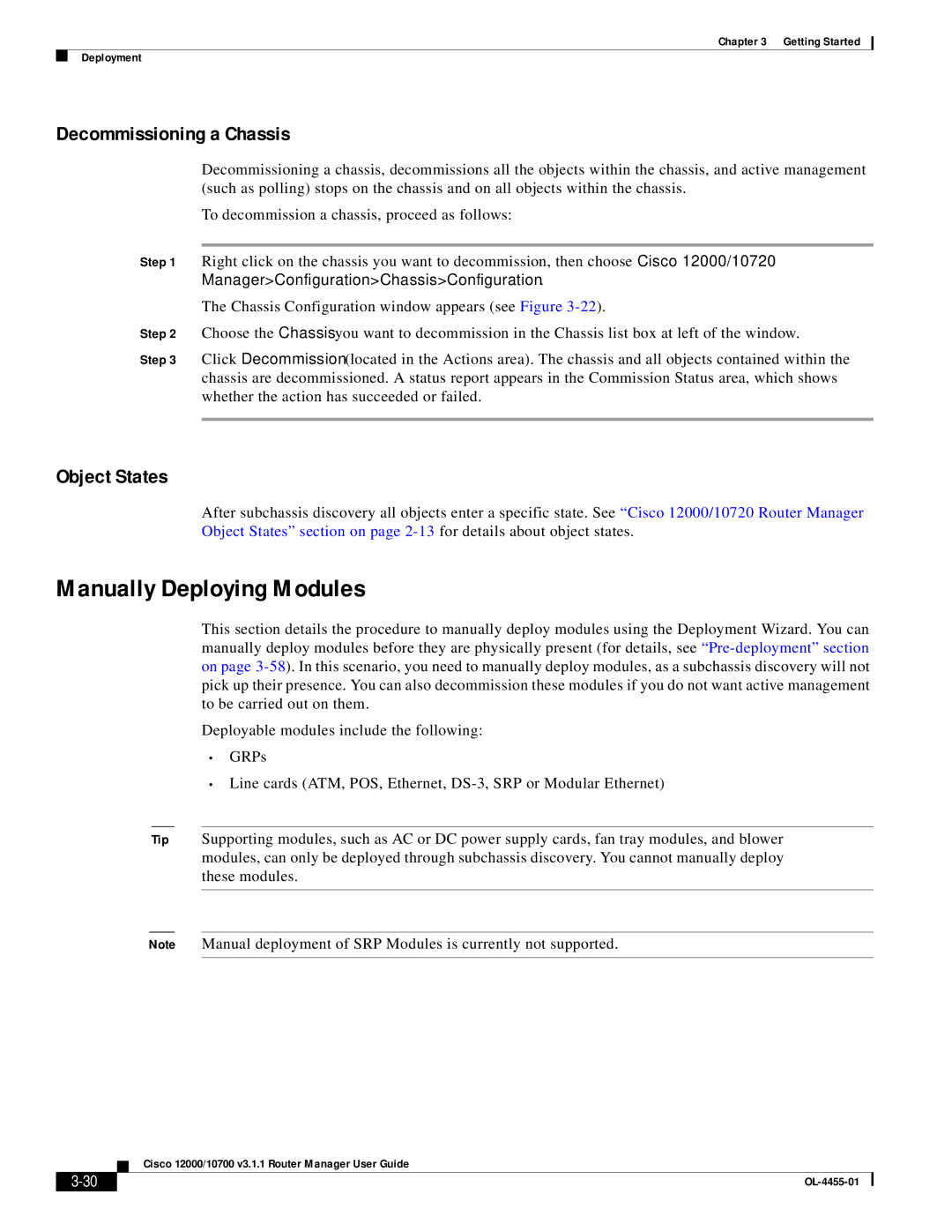 Cisco Systems 12000/10700 V3.1.1 manual Manually Deploying Modules, Decommissioning a Chassis, Object States 