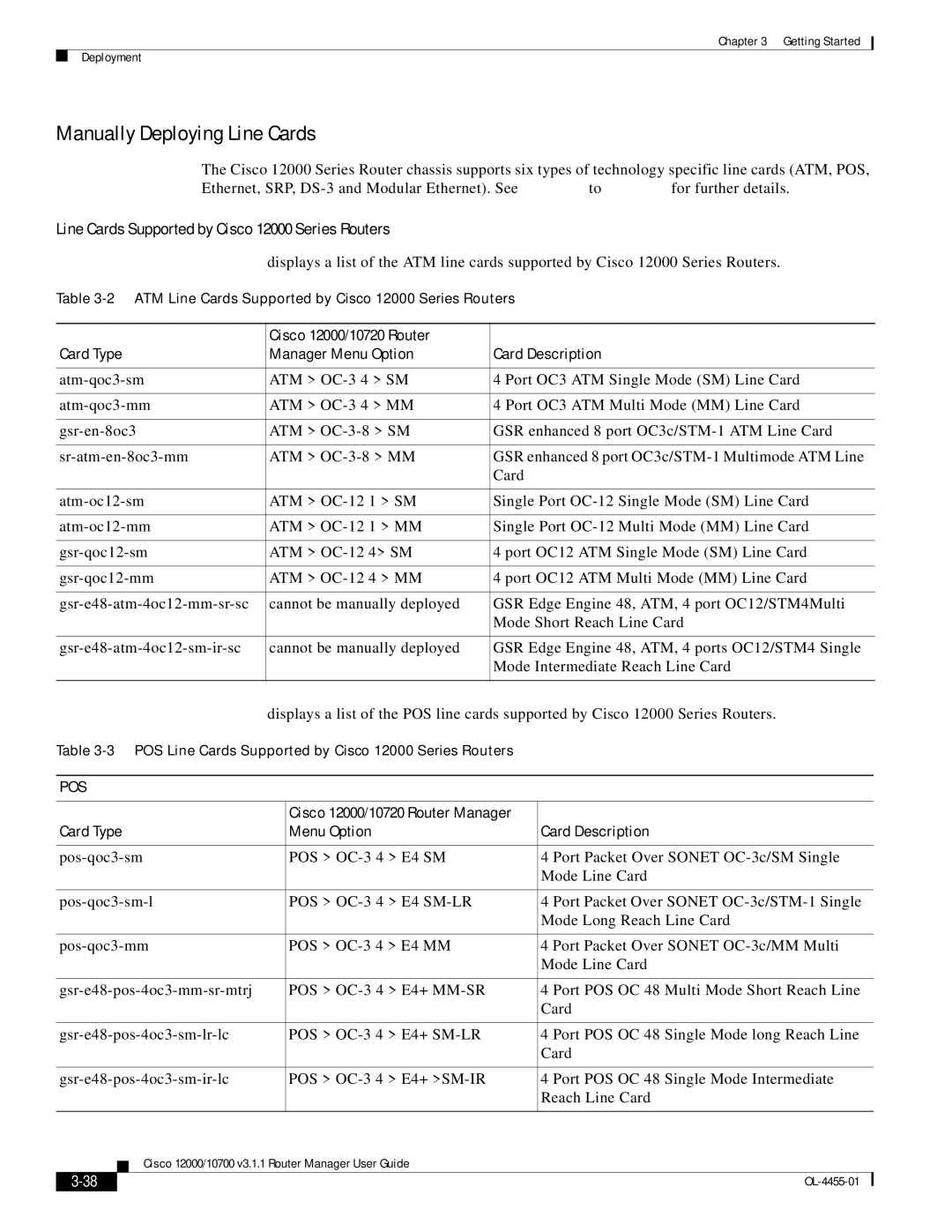 Cisco Systems 12000/10700 V3.1.1 manual Manually Deploying Line Cards, Line Cards Supported by Cisco 12000 Series Routers 