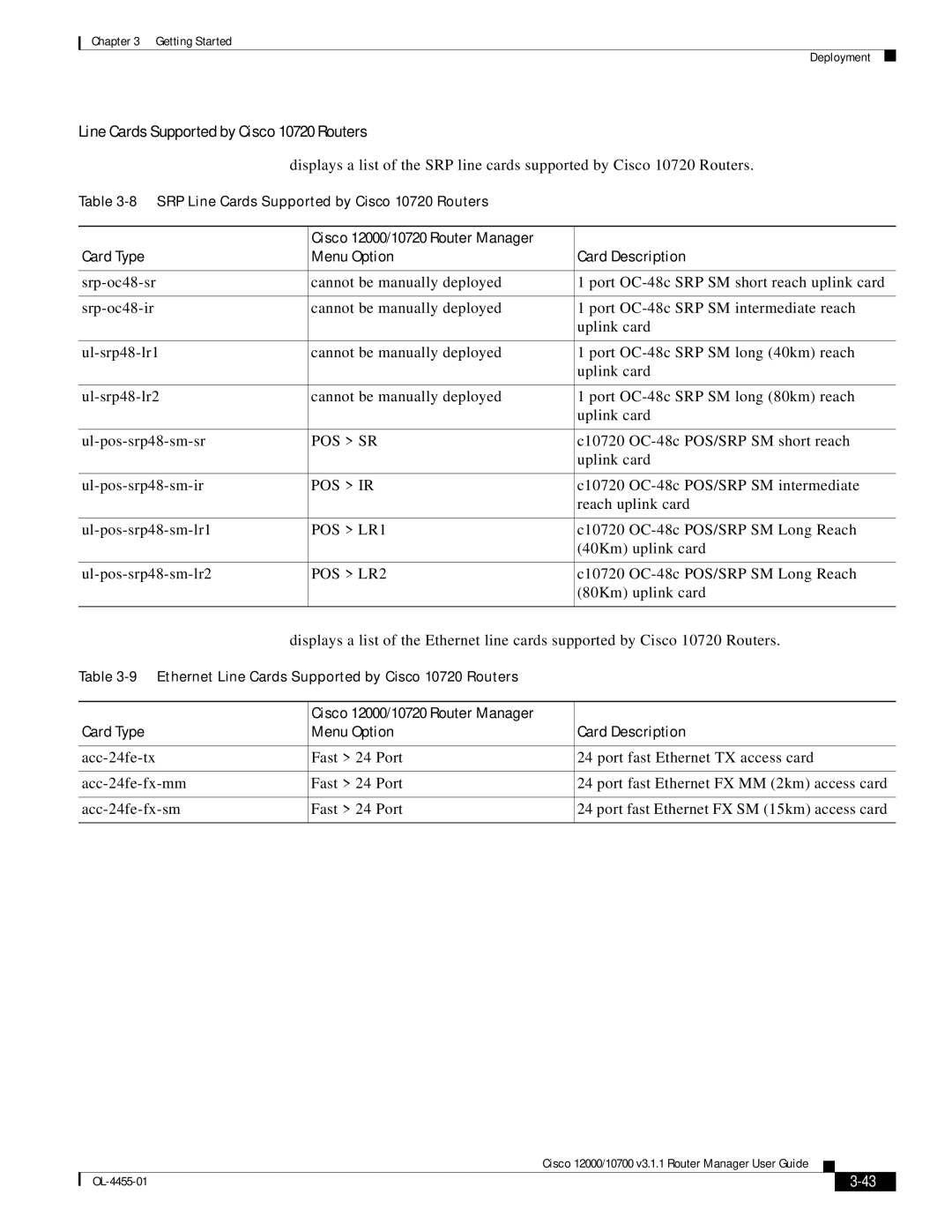 Cisco Systems 12000/10700 V3.1.1 manual Line Cards Supported by Cisco 10720 Routers, POS LR2 