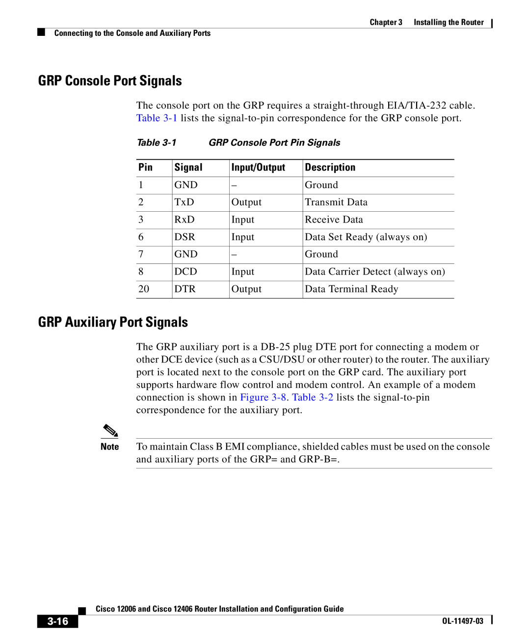 Cisco Systems 12006, 12406 manual GRP Console Port Signals, GRP Auxiliary Port Signals, Pin Signal Input/Output Description 