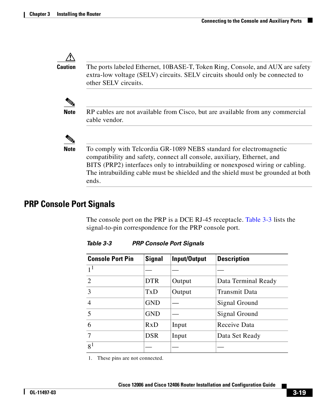 Cisco Systems 12406, 12006 manual PRP Console Port Signals, Console Port Pin Signal Input/Output Description 