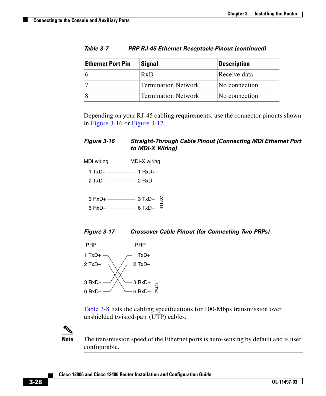 Cisco Systems 12006, 12406 manual Crossover Cable Pinout for Connecting Two PRPs 