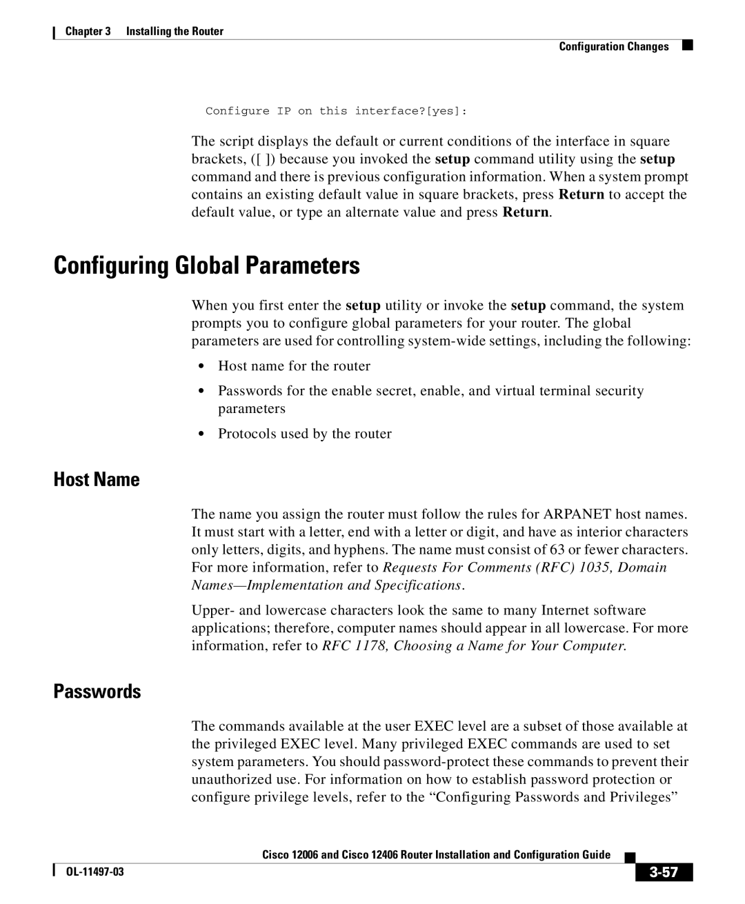 Cisco Systems 12406, 12006 manual Configuring Global Parameters, Host Name, Passwords 