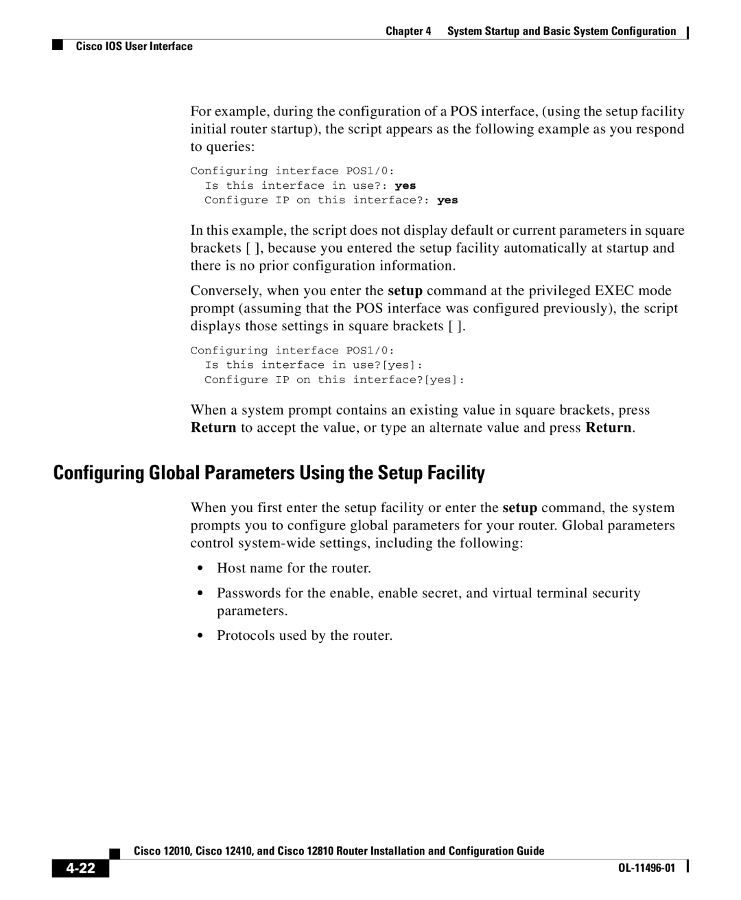 Cisco Systems 12810, 12010, 12410 manual Configuring Global Parameters Using the Setup Facility 