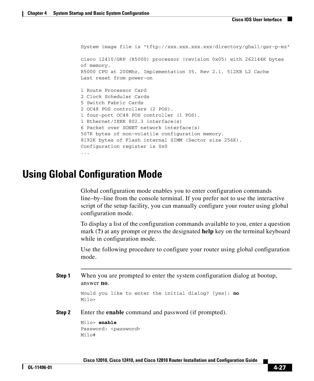 Cisco Systems 12010, 12810, 12410 manual Using Global Configuration Mode, Enter the enable command and password if prompted 