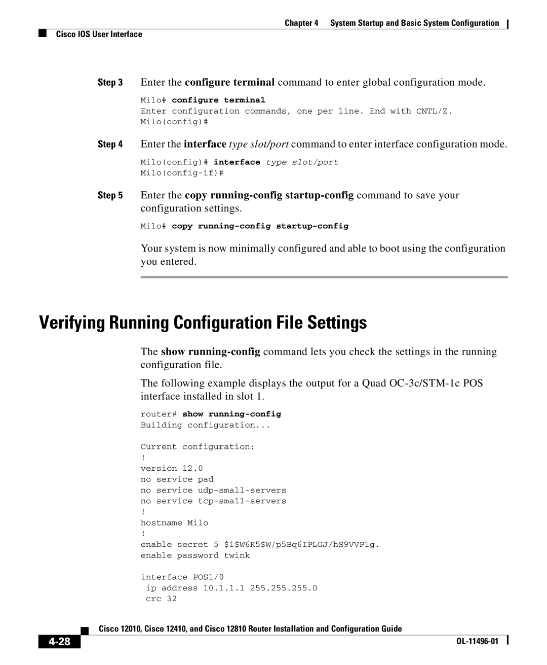 Cisco Systems 12810 Verifying Running Configuration File Settings, Milo# configure terminal, Router# show running-config 