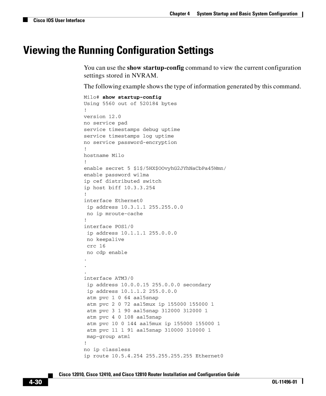 Cisco Systems 12010, 12810, 12410 manual Viewing the Running Configuration Settings 