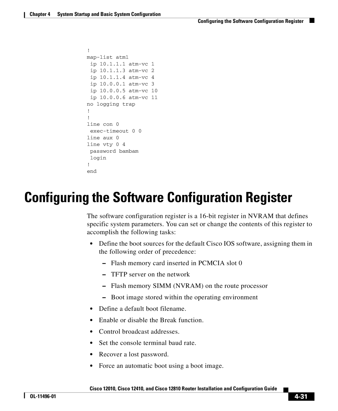 Cisco Systems 12810, 12010, 12410 manual Configuring the Software Configuration Register 