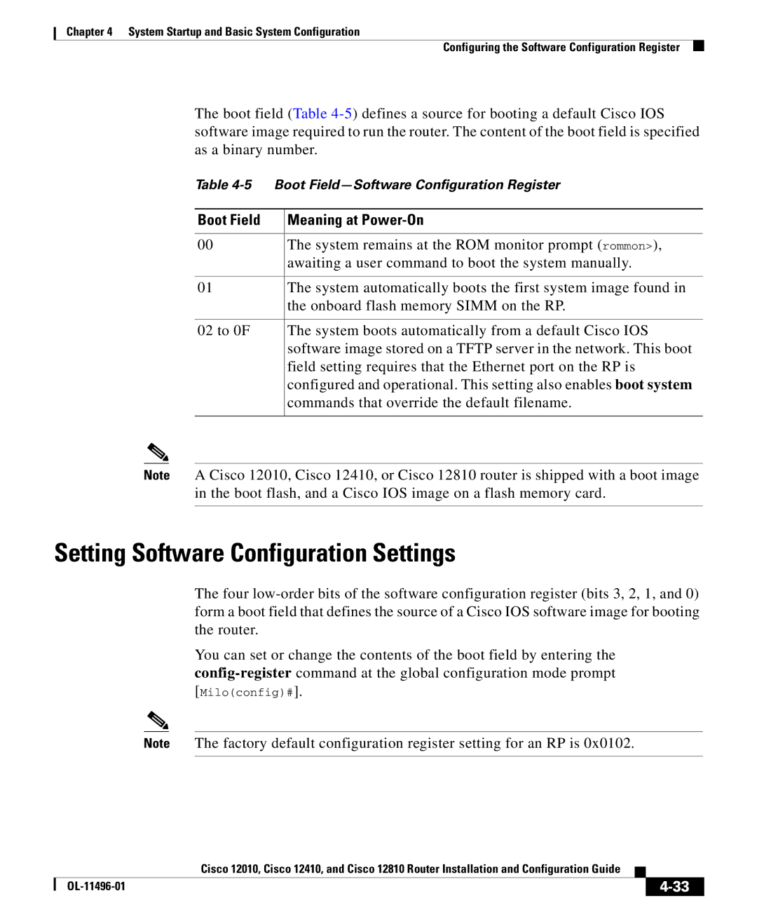 Cisco Systems 12010, 12810, 12410 manual Setting Software Configuration Settings, Boot Field 