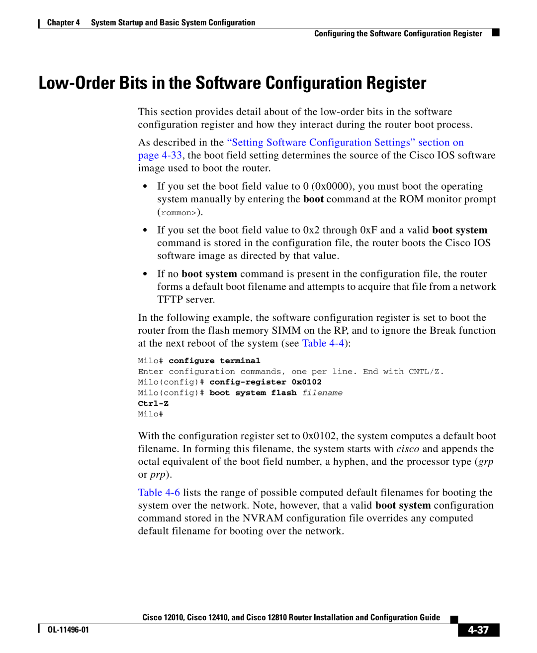 Cisco Systems 12810, 12010, 12410 manual Low-Order Bits in the Software Configuration Register 