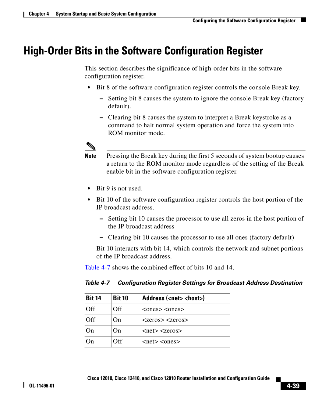 Cisco Systems 12010, 12810, 12410 manual High-Order Bits in the Software Configuration Register, Bit Address net host 
