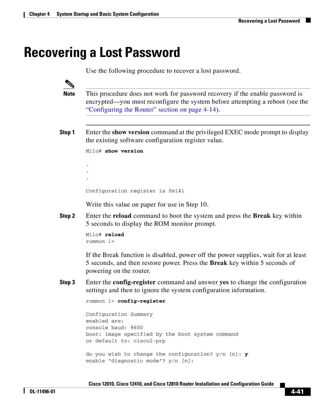 Cisco Systems 12410, 12010, 12810 manual Recovering a Lost Password, Rommon 1 config-register 