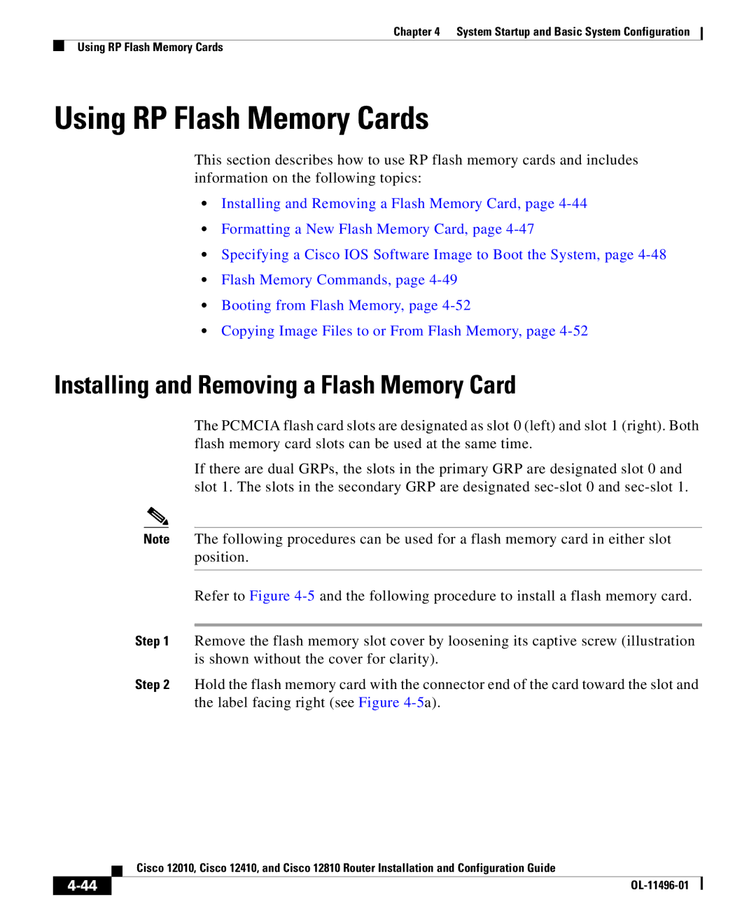 Cisco Systems 12410, 12010, 12810 manual Using RP Flash Memory Cards, Installing and Removing a Flash Memory Card 