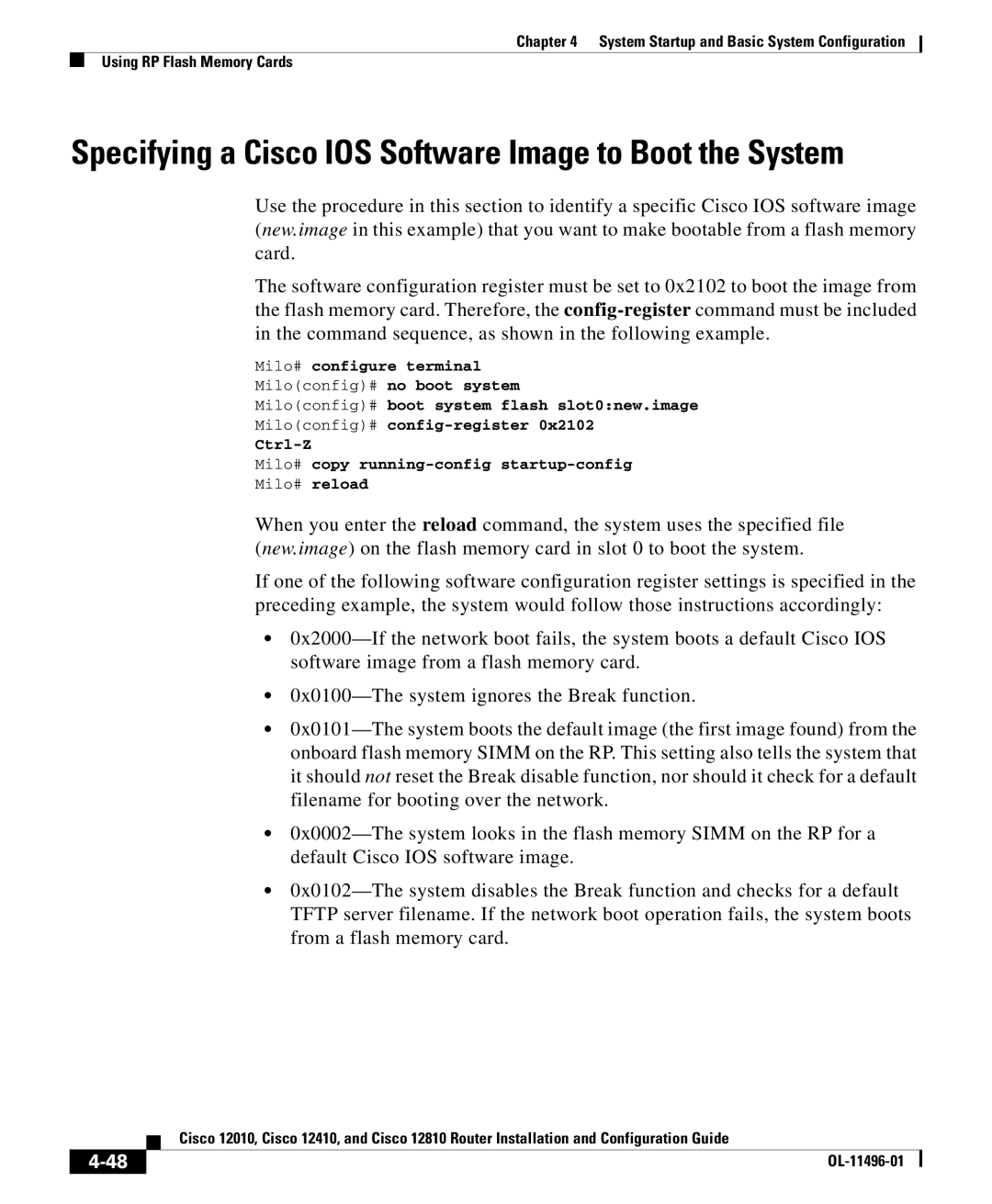 Cisco Systems 12010, 12810, 12410 manual Specifying a Cisco IOS Software Image to Boot the System 