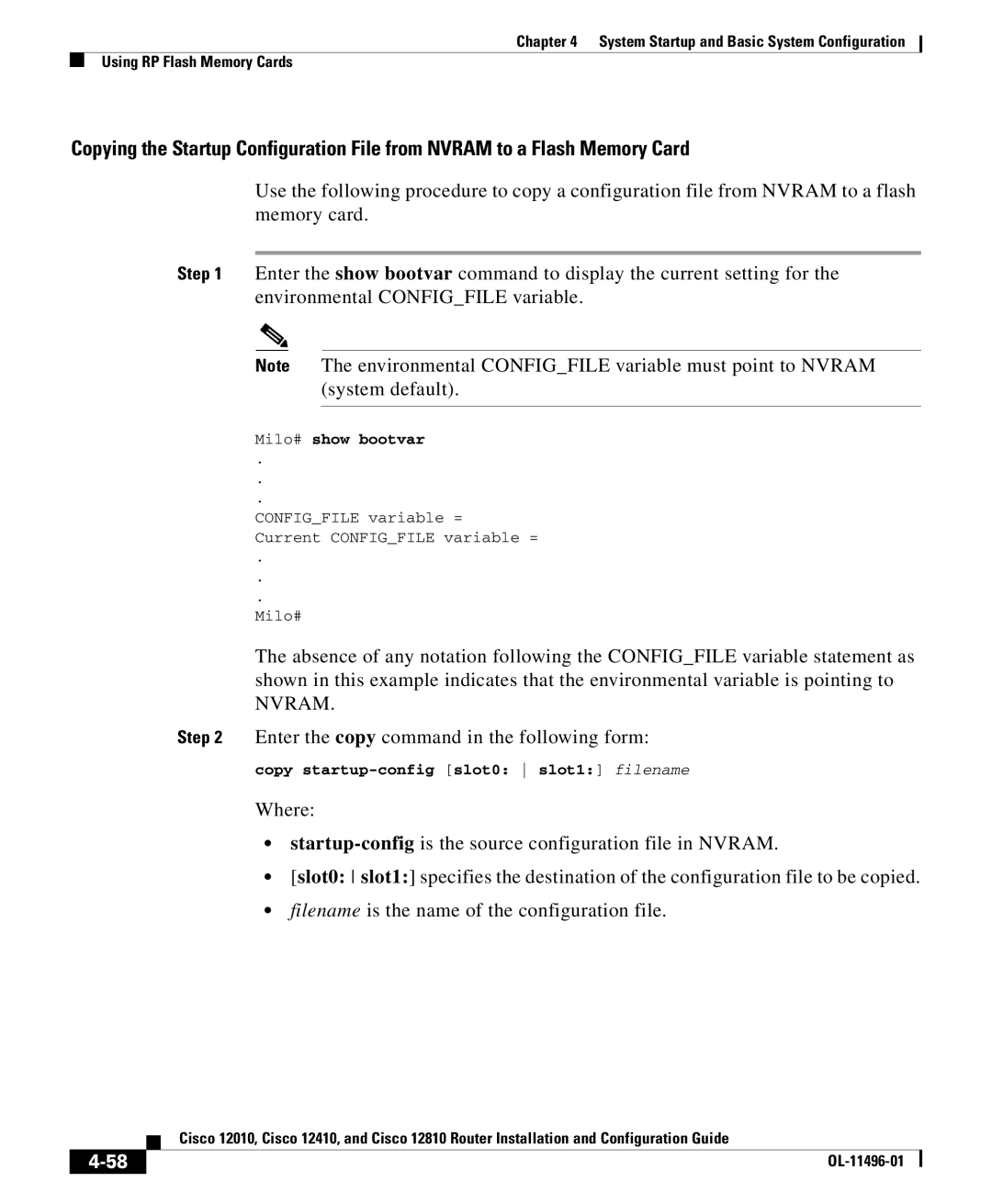 Cisco Systems 12810, 12010, 12410 manual Milo# show bootvar, Copy startup-config slot0 slot1 filename 