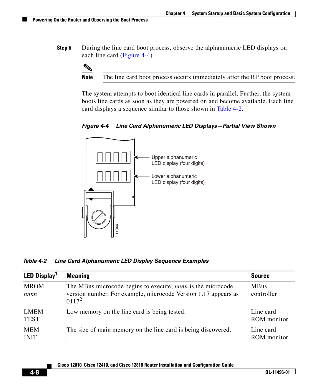 Cisco Systems 12410, 12010, 12810 manual Meaning Source, Line Card Alphanumeric LED Displays-Partial View Shown 