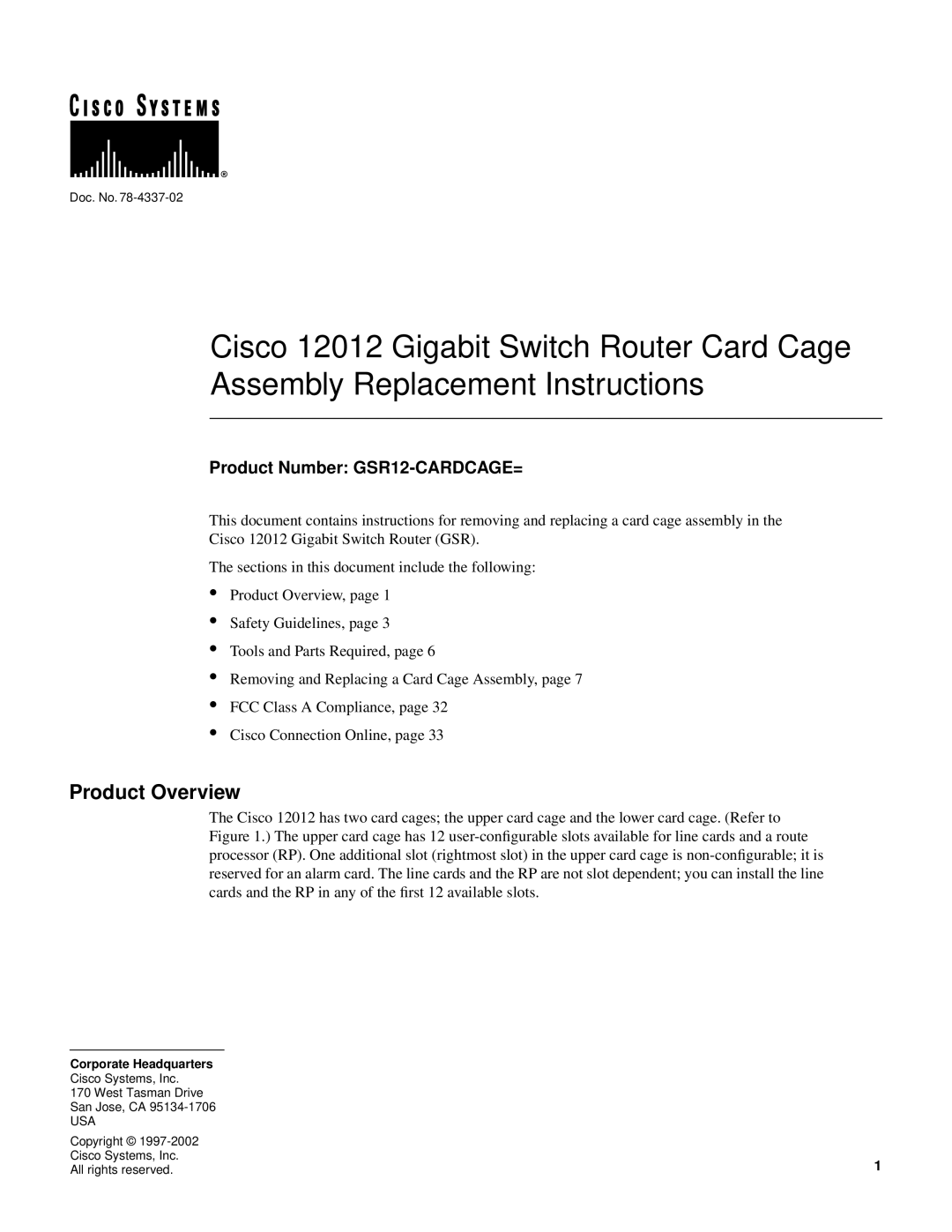 Cisco Systems 12012 manual Product Overview, Product Number GSR12-CARDCAGE= 