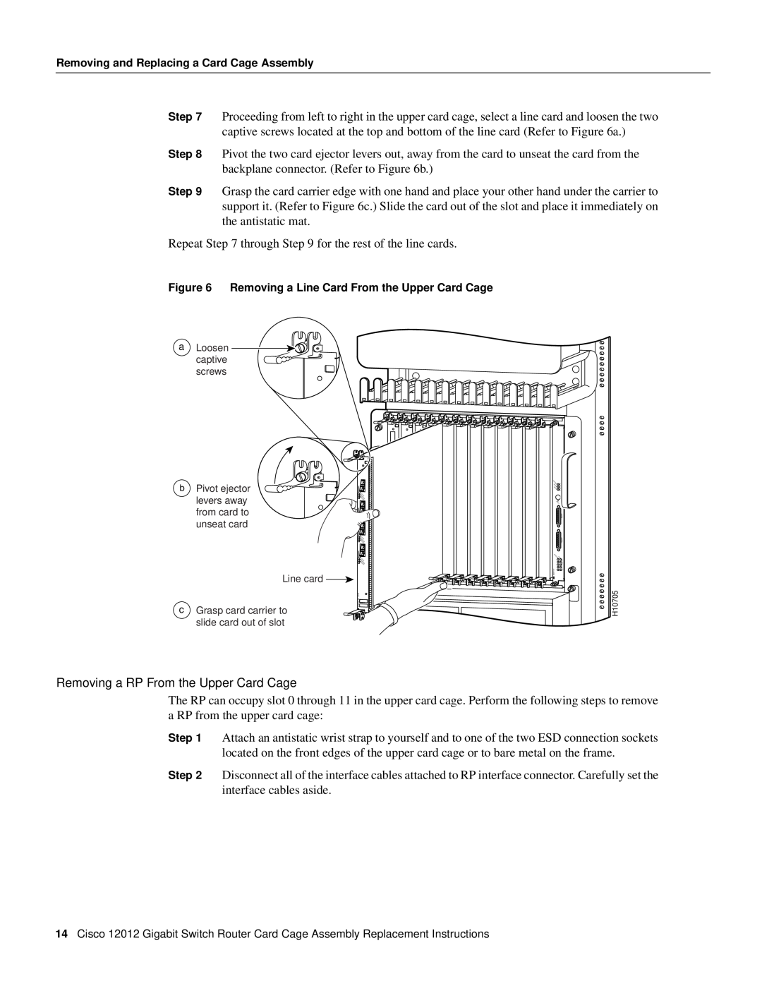 Cisco Systems 12012 manual Removing a RP From the Upper Card Cage, a Loosen captive screws, b Pivot ejector, levers away 