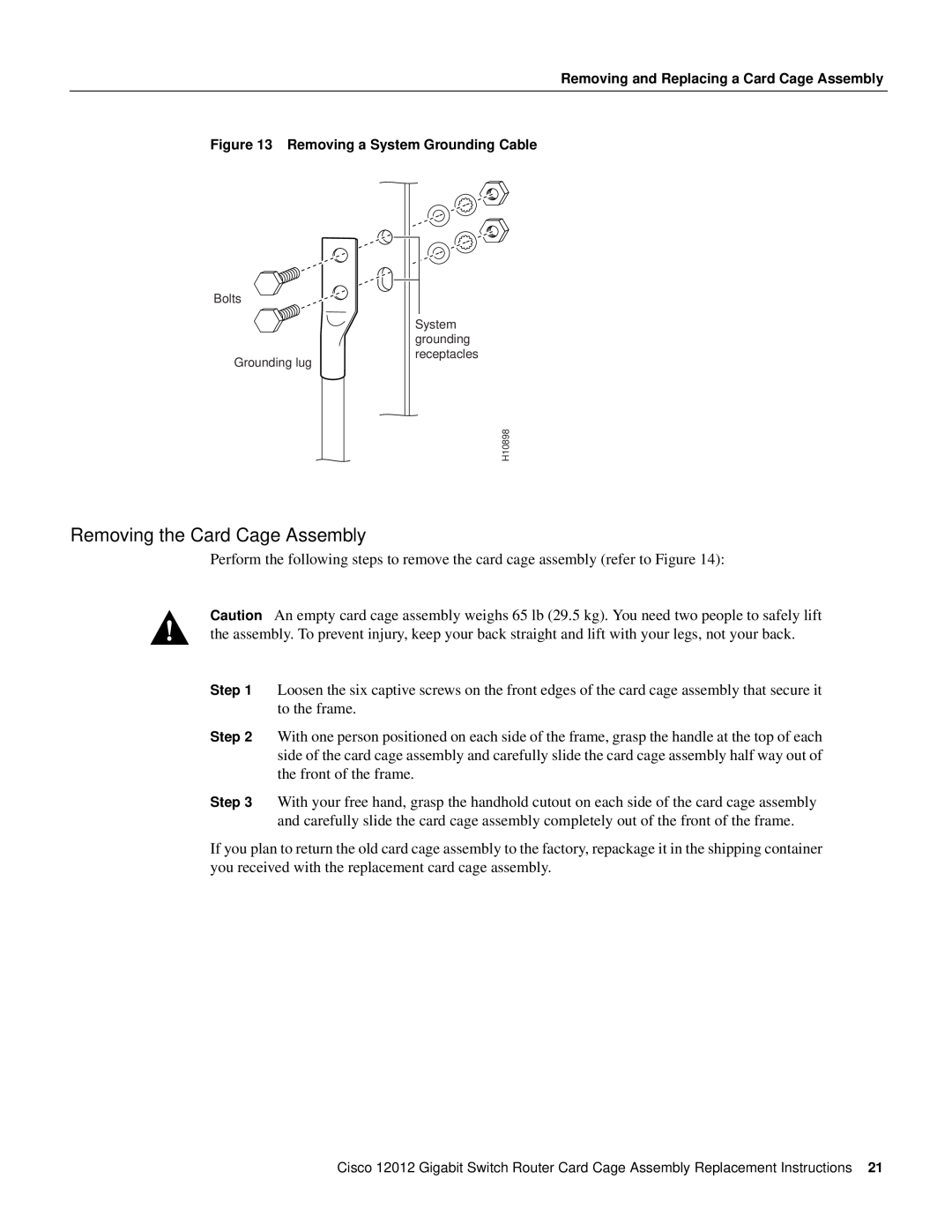 Cisco Systems 12012 manual Removing the Card Cage Assembly, H10898 