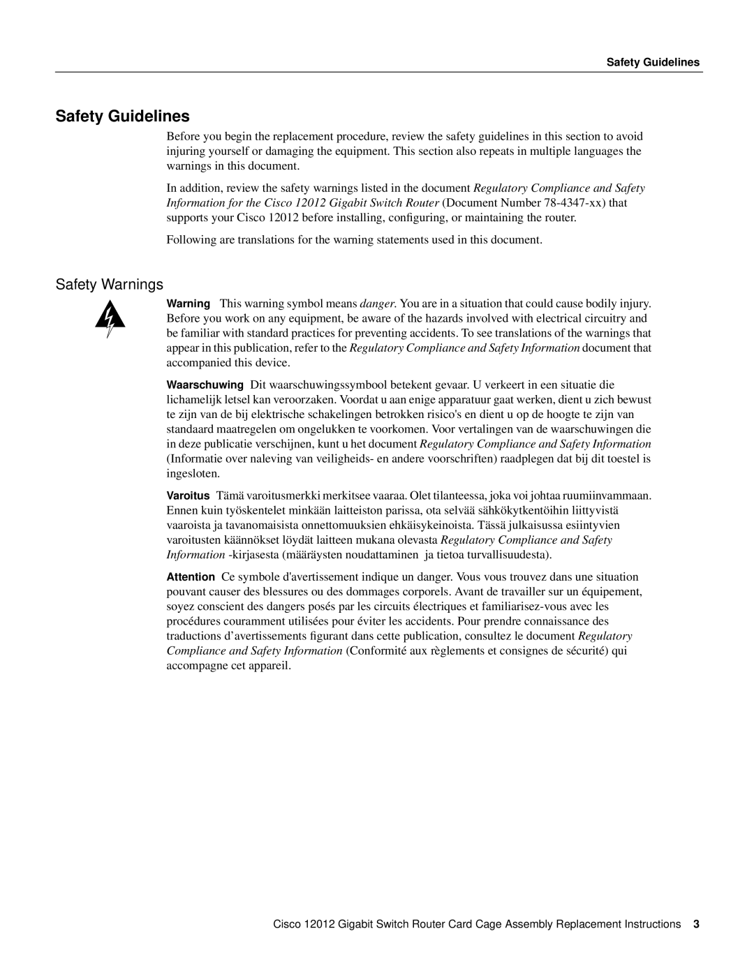 Cisco Systems 12012 manual Safety Guidelines, Safety Warnings 