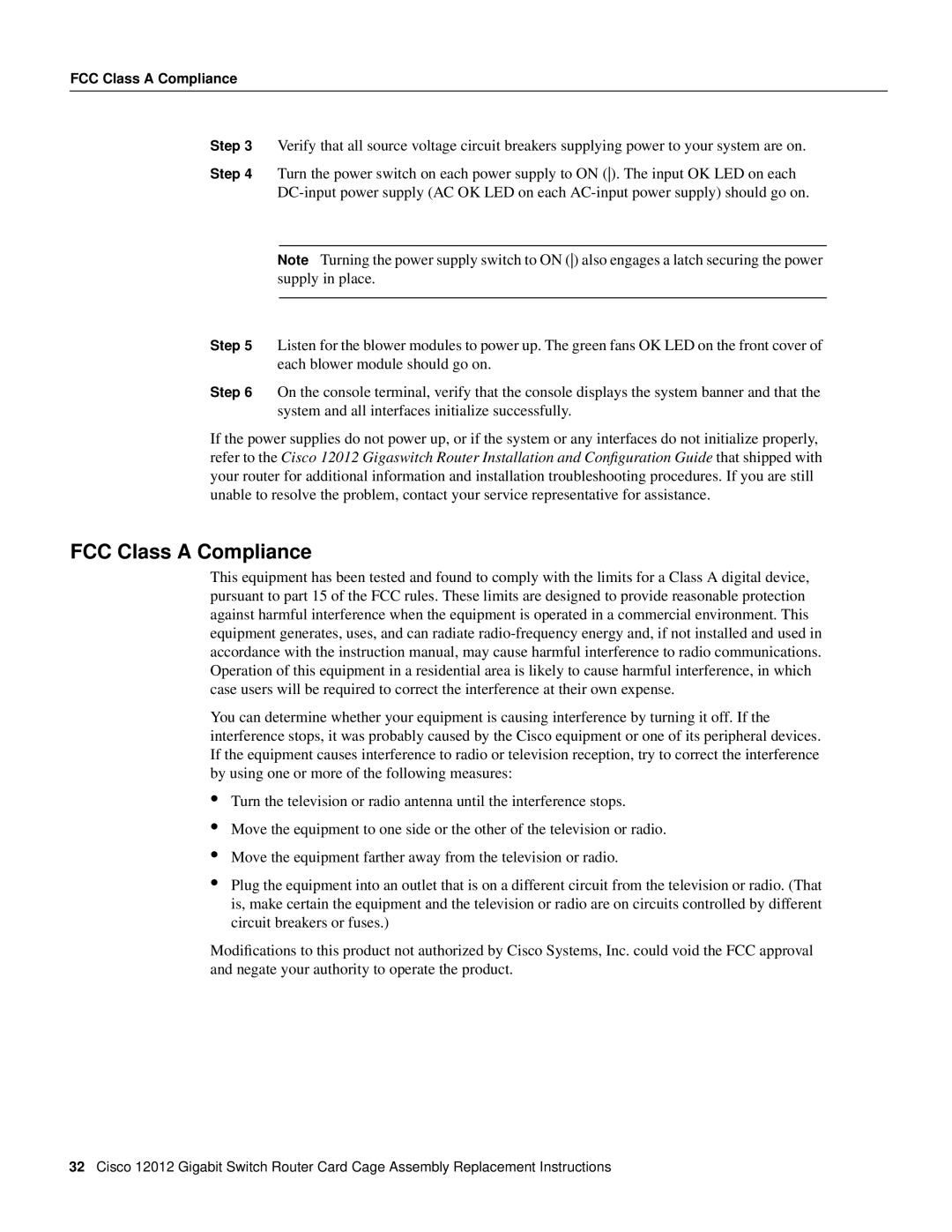 Cisco Systems 12012 manual FCC Class A Compliance 
