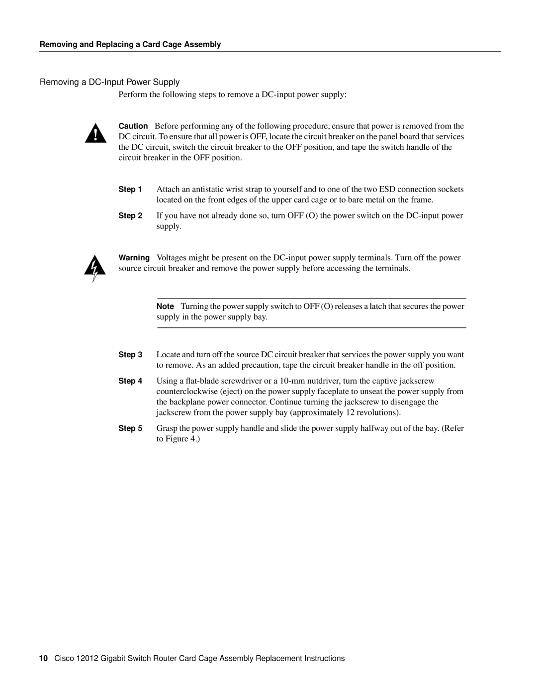 Cisco Systems 12012 manual Removing a DC-Input Power Supply 