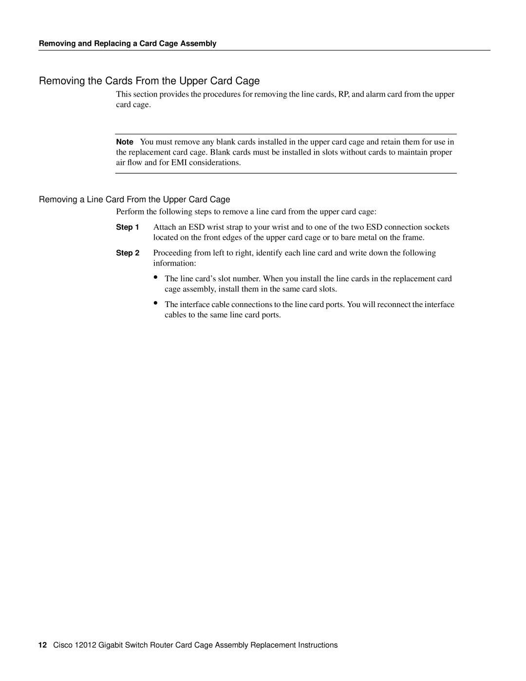 Cisco Systems 12012 manual Removing the Cards From the Upper Card Cage, Removing a Line Card From the Upper Card Cage 