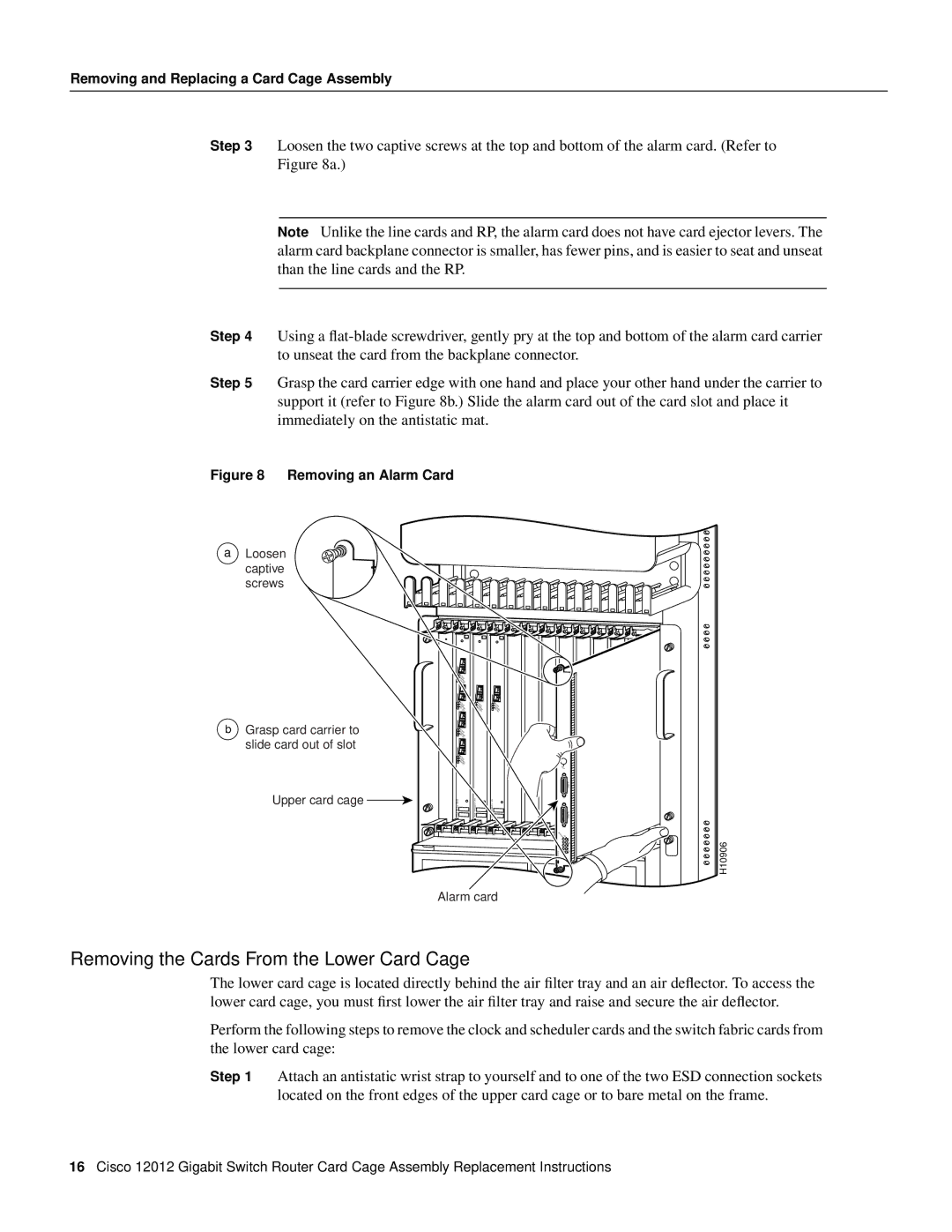 Cisco Systems 12012 manual Removing the Cards From the Lower Card Cage, Removing an Alarm Card 