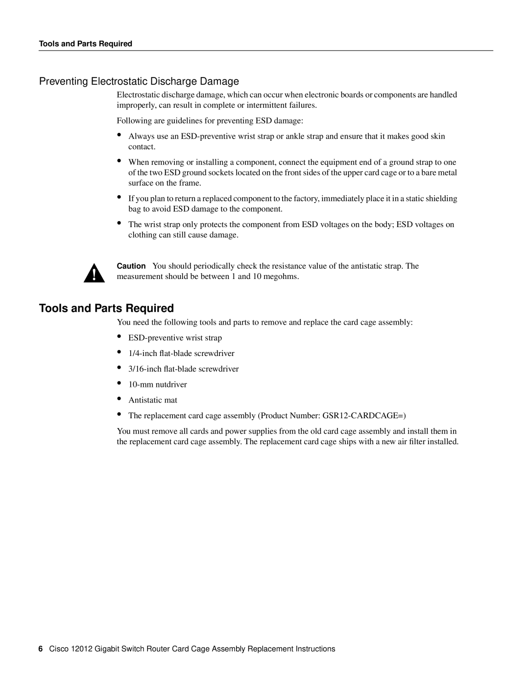 Cisco Systems 12012 manual Tools and Parts Required, Preventing Electrostatic Discharge Damage 