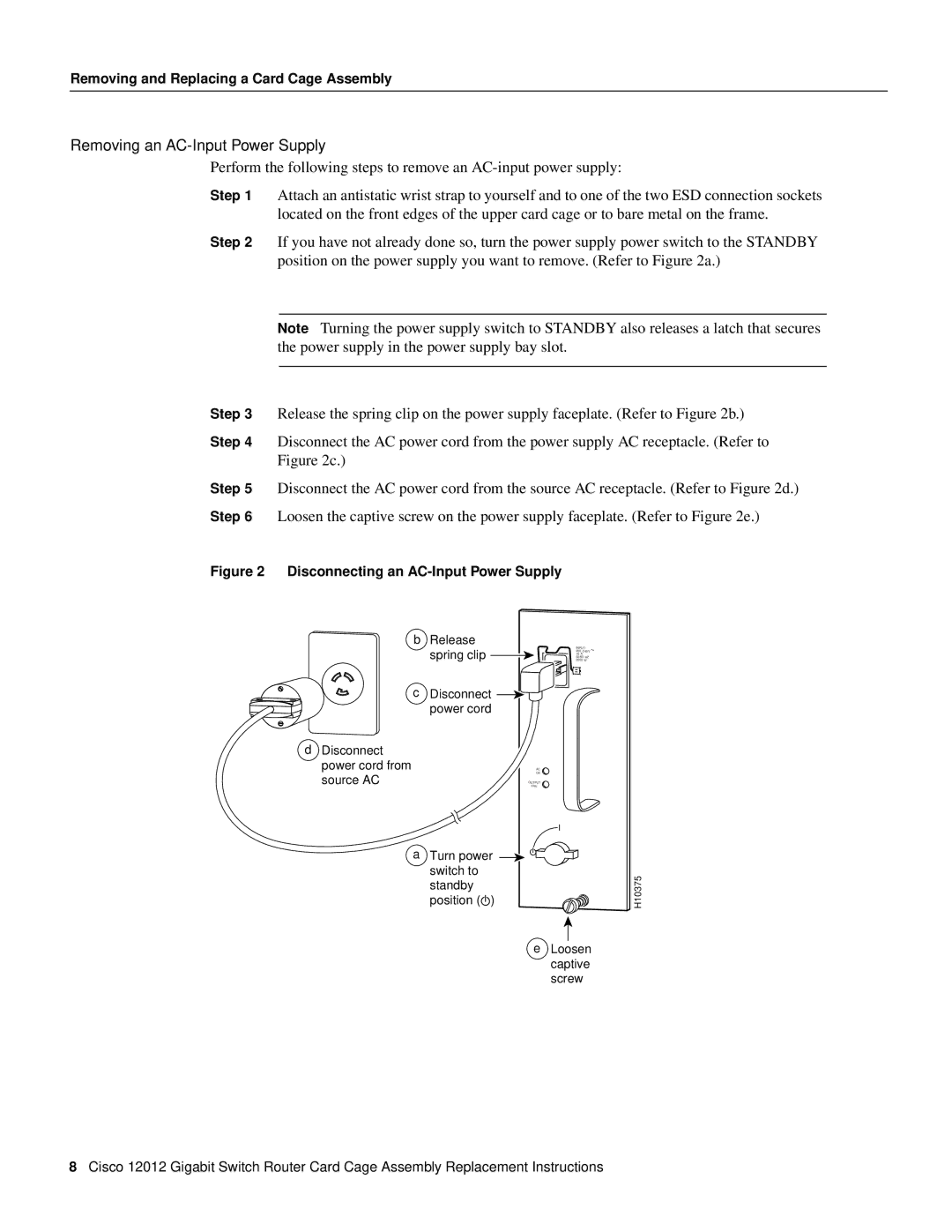 Cisco Systems 12012 manual Removing an AC-Input Power Supply, Disconnecting an AC-Input Power Supply 