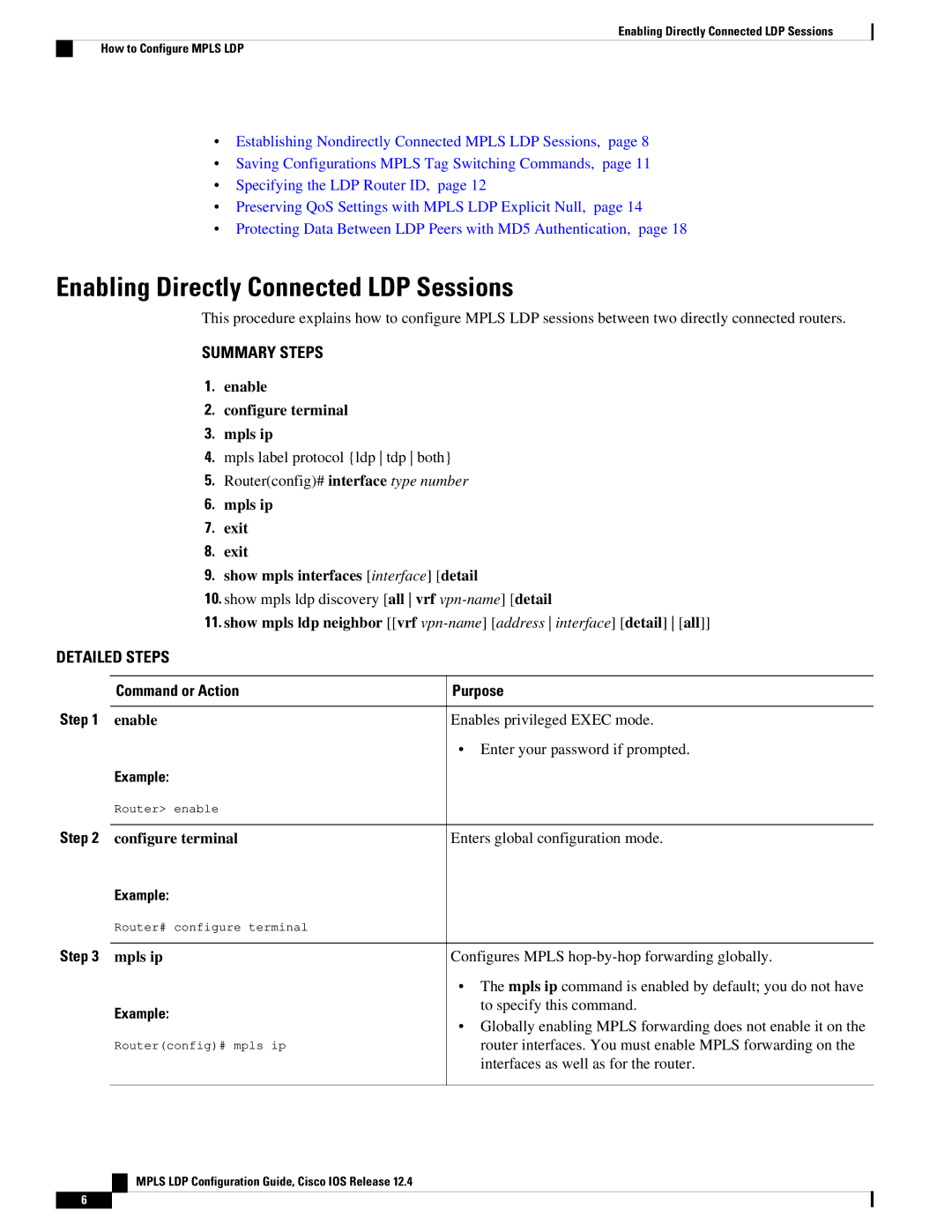 Cisco Systems 12.4 manual Enabling Directly Connected LDP Sessions, Step Command or Action Purpose, Example 