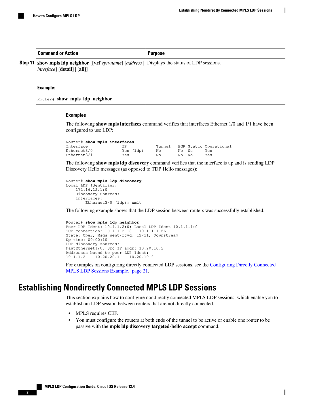 Cisco Systems 12.4 manual Establishing Nondirectly Connected Mpls LDP Sessions, Step Command or Action, Examples 