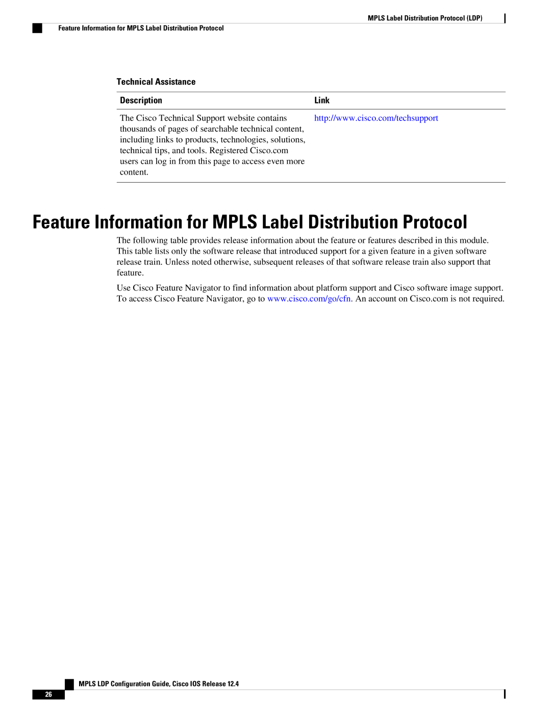 Cisco Systems 12.4 manual Feature Information for Mpls Label Distribution Protocol, Technical Assistance Description Link 