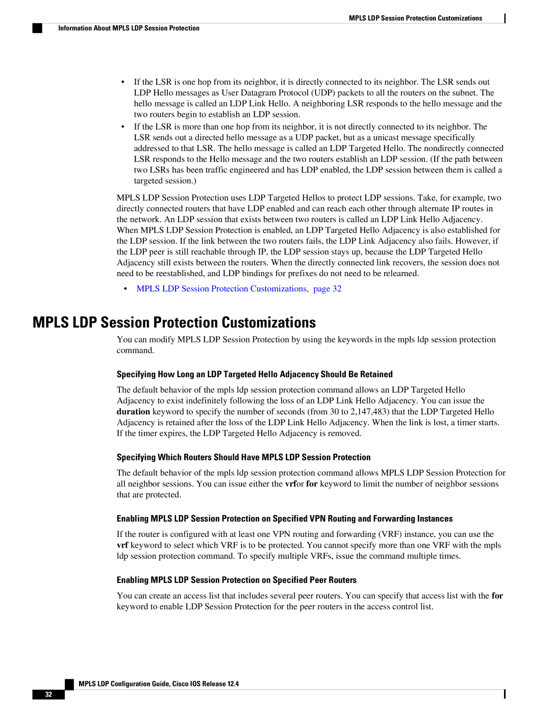 Cisco Systems 12.4 manual Mpls LDP Session Protection Customizations 