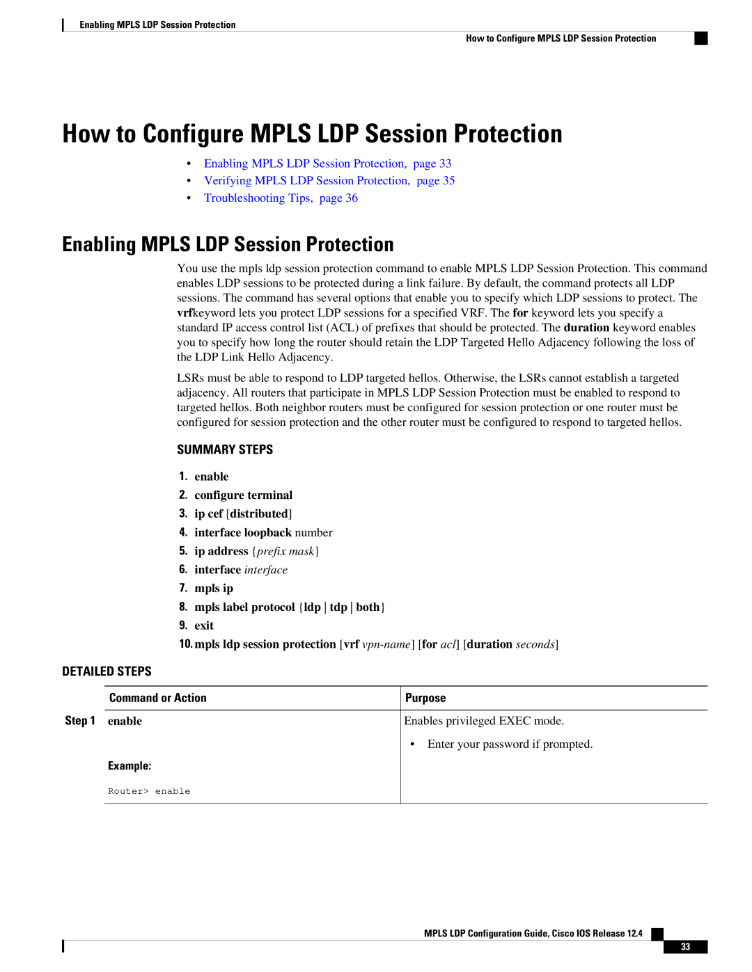 Cisco Systems 12.4 manual How to Configure Mpls LDP Session Protection, Enabling Mpls LDP Session Protection 